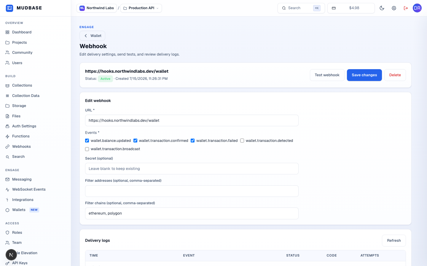 Wallet Webhook Details page with a summary card showing the URL, Active status, and created date alongside Test webhook, Save changes, and Delete buttons, and an Edit webhook form with URL, event checkboxes, secret, and filter fields