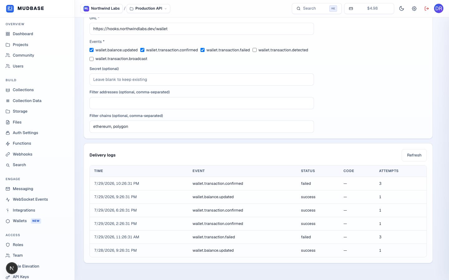 Delivery logs card with a Refresh button and a table of six delivery attempts showing time, event, status, code, and attempts columns; the Code column reads a dash for every row