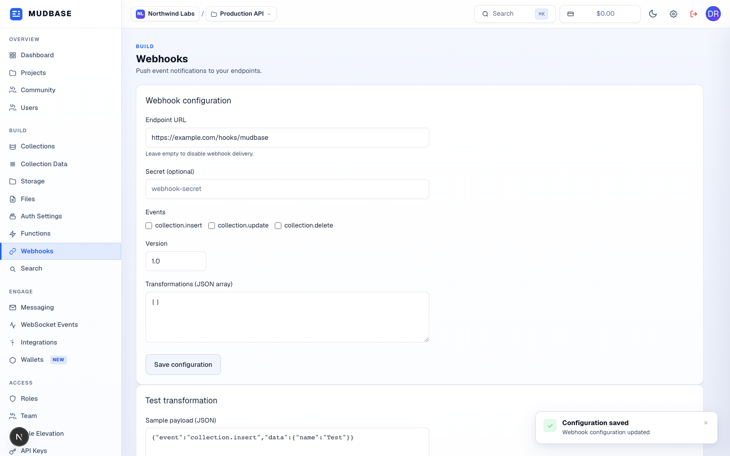 Webhook configuration form with the endpoint URL field, event checkboxes, and Save configuration button marked